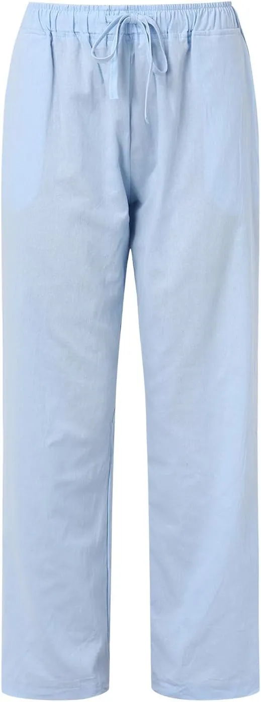 Women's Cotton Linen Summer Pants Drawstring Elastic High Waisted Casual Loose Lightweight Stretch Wide Leg Trousers