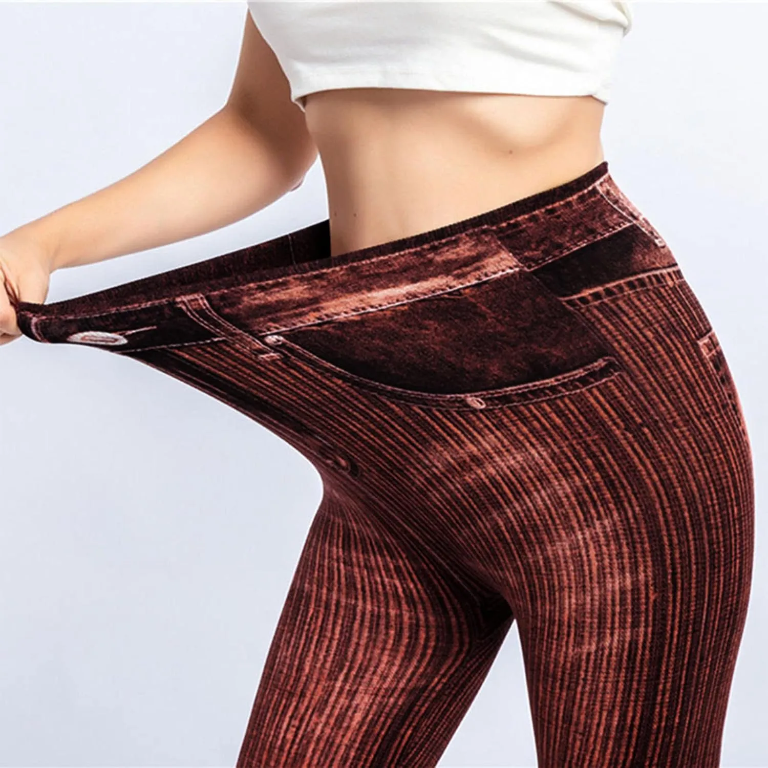 Women's Denim Print Fake Jeans Seamless Leggings, Full Length X-Small - 3X-Large
