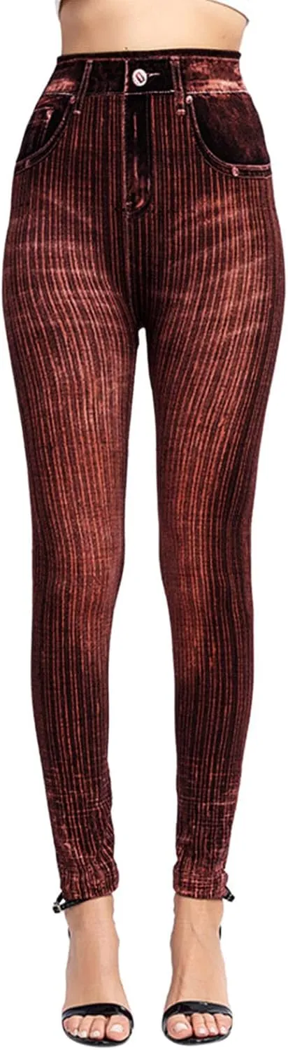 Women's Denim Print Fake Jeans Seamless Leggings, Full Length X-Small - 3X-Large