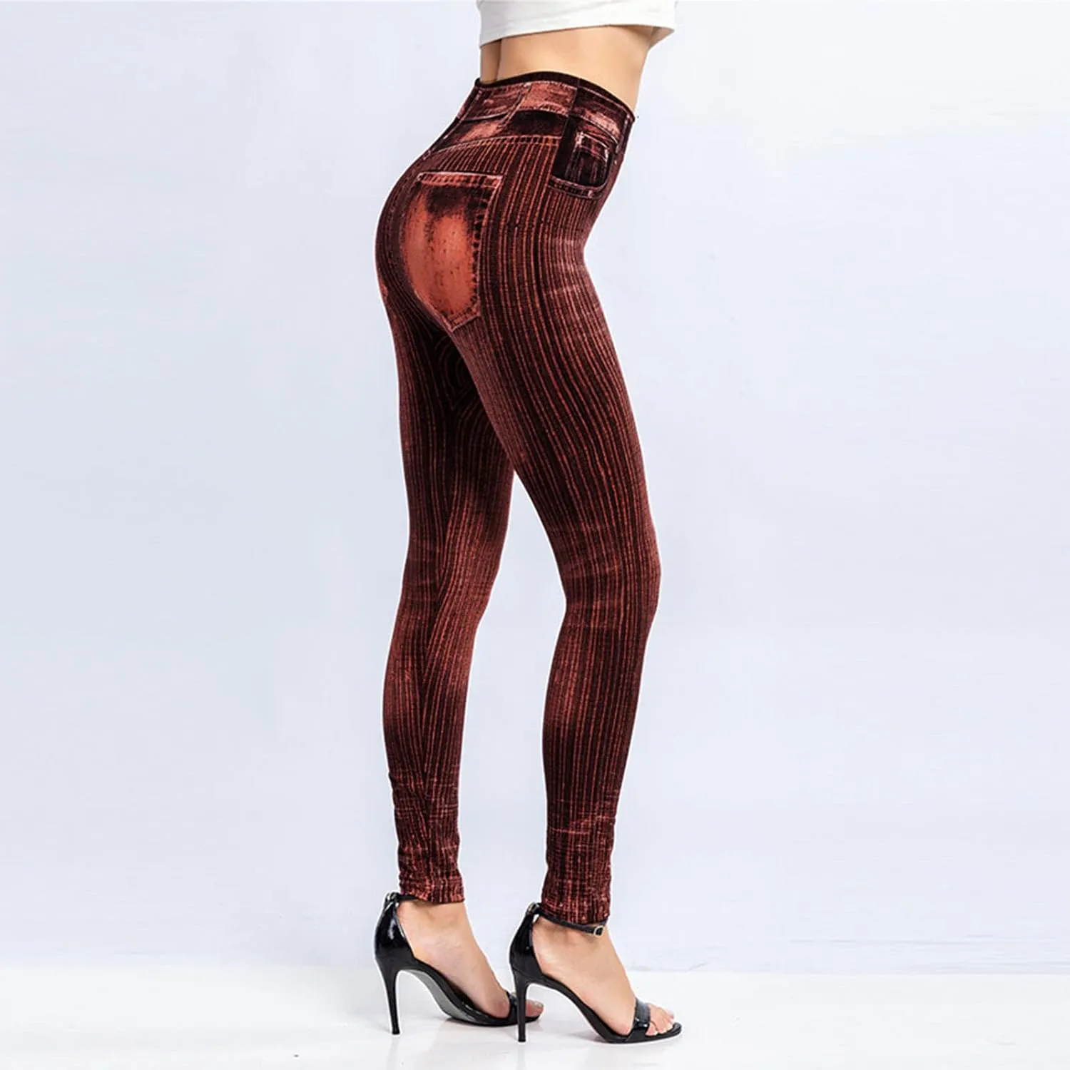 Women's Denim Print Fake Jeans Seamless Leggings, Full Length X-Small - 3X-Large