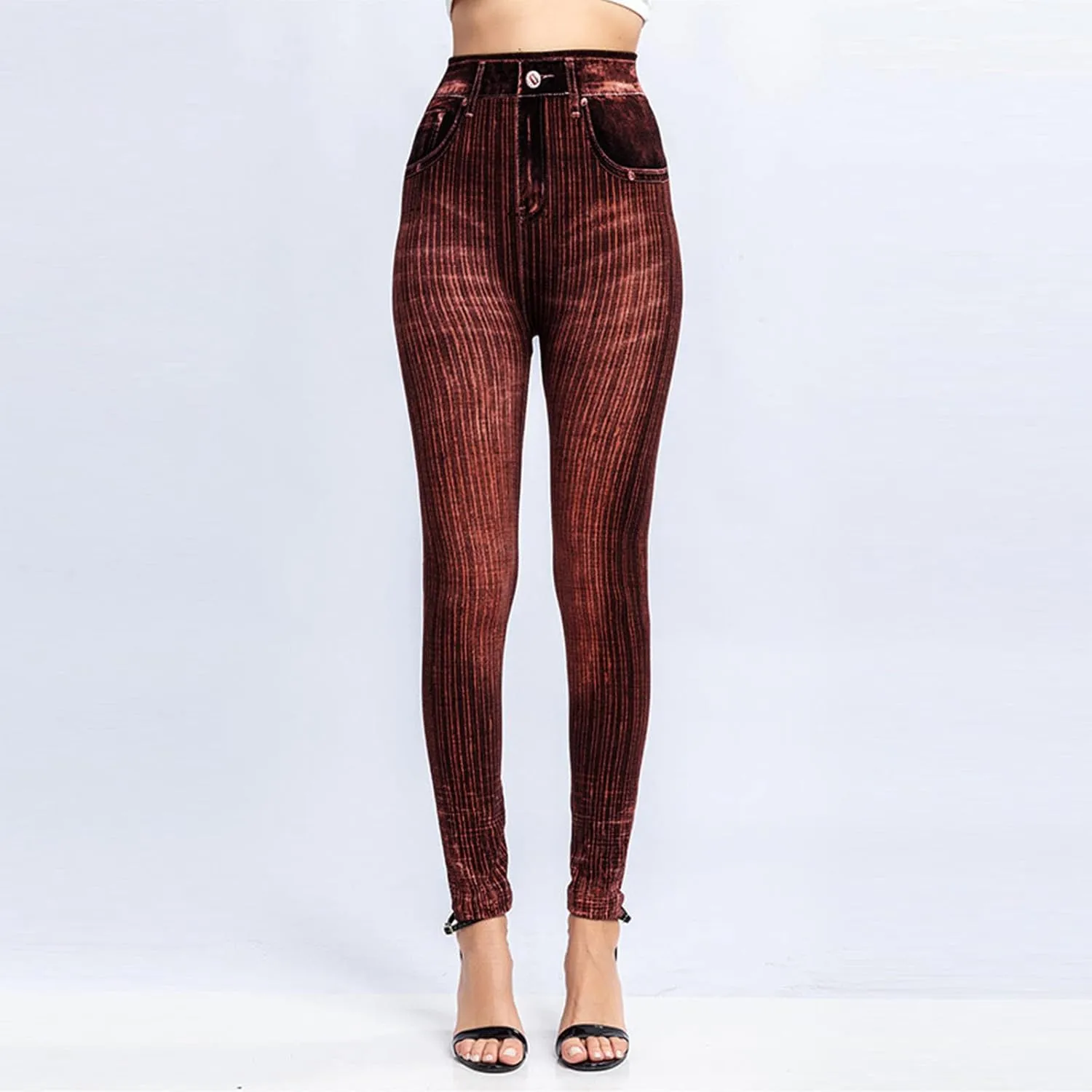 Women's Denim Print Fake Jeans Seamless Leggings, Full Length X-Small - 3X-Large