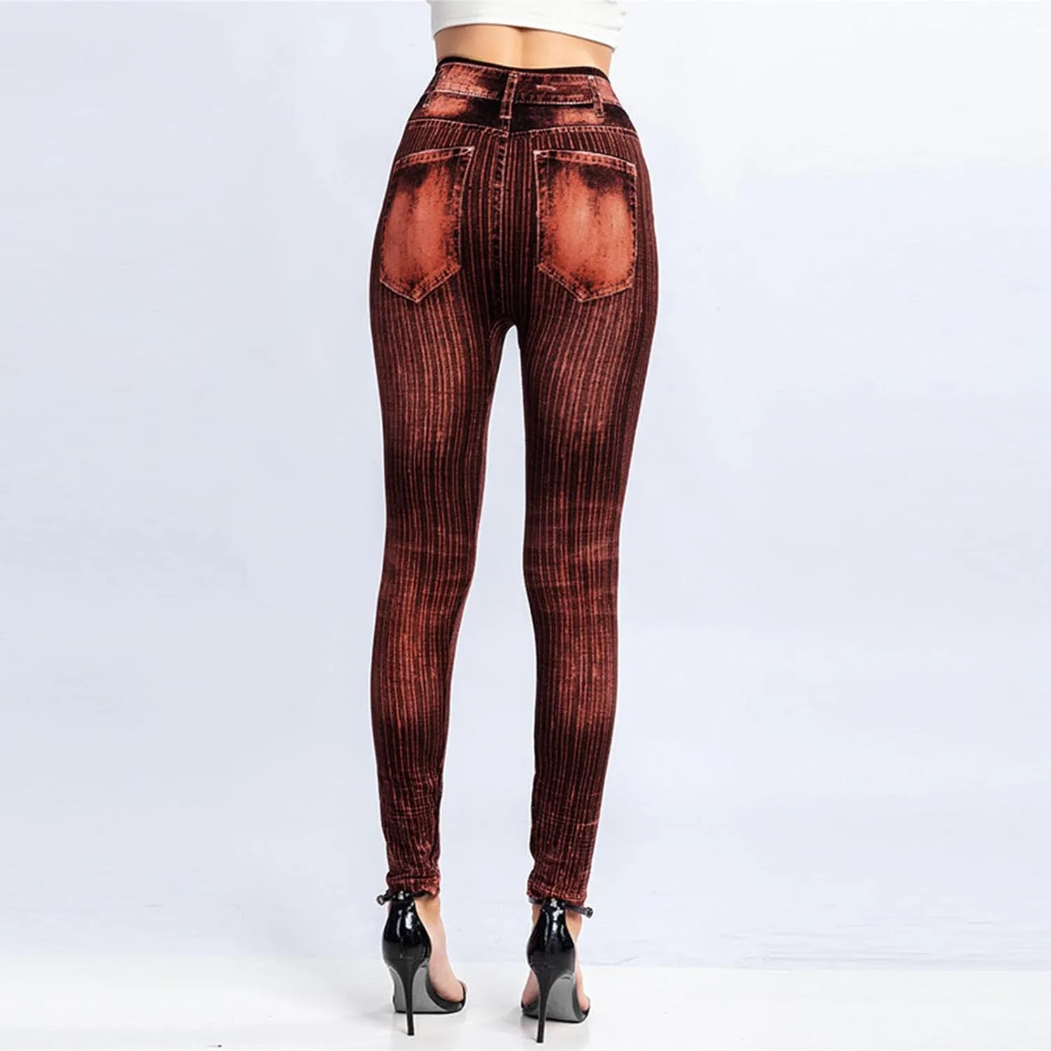 Women's Denim Print Fake Jeans Seamless Leggings, Full Length X-Small - 3X-Large