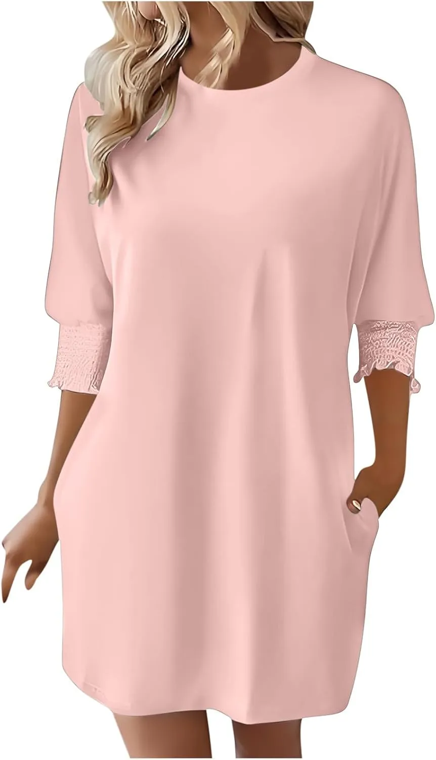 Womens Dresses 2025 Spring 3/4 Sleeve Fashion Dresses Crewneck Casual Mini Dress with Pockets Trendy Summer Outfits