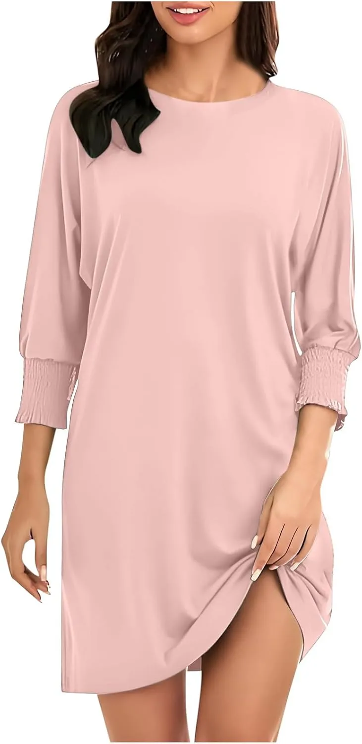 Womens Dresses 2025 Spring 3/4 Sleeve Fashion Dresses Crewneck Casual Mini Dress with Pockets Trendy Summer Outfits