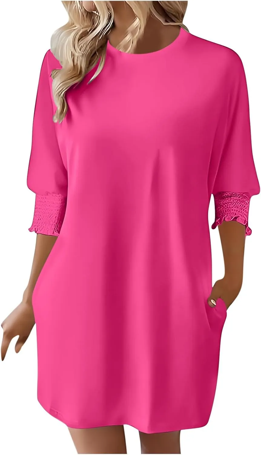Womens Dresses 2025 Spring 3/4 Sleeve Fashion Dresses Crewneck Casual Mini Dress with Pockets Trendy Summer Outfits