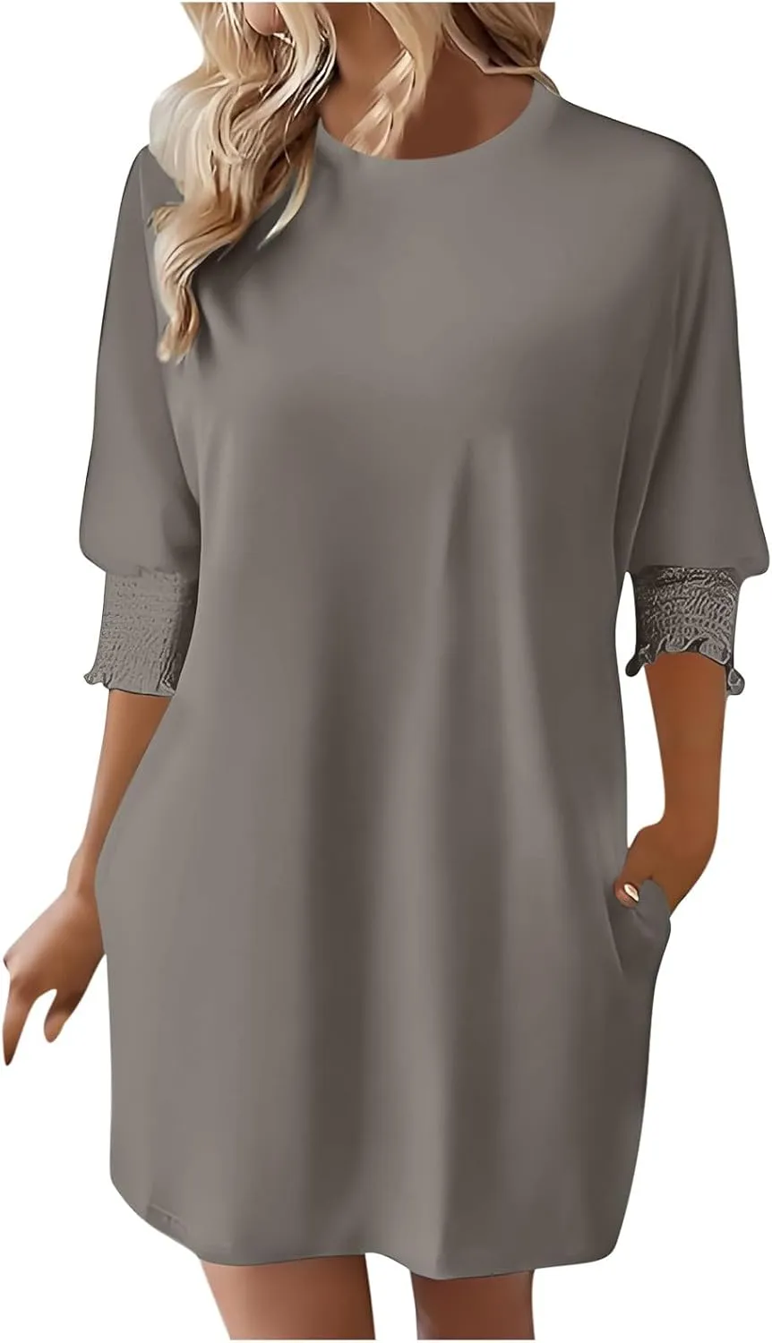 Womens Dresses 2025 Spring 3/4 Sleeve Fashion Dresses Crewneck Casual Mini Dress with Pockets Trendy Summer Outfits