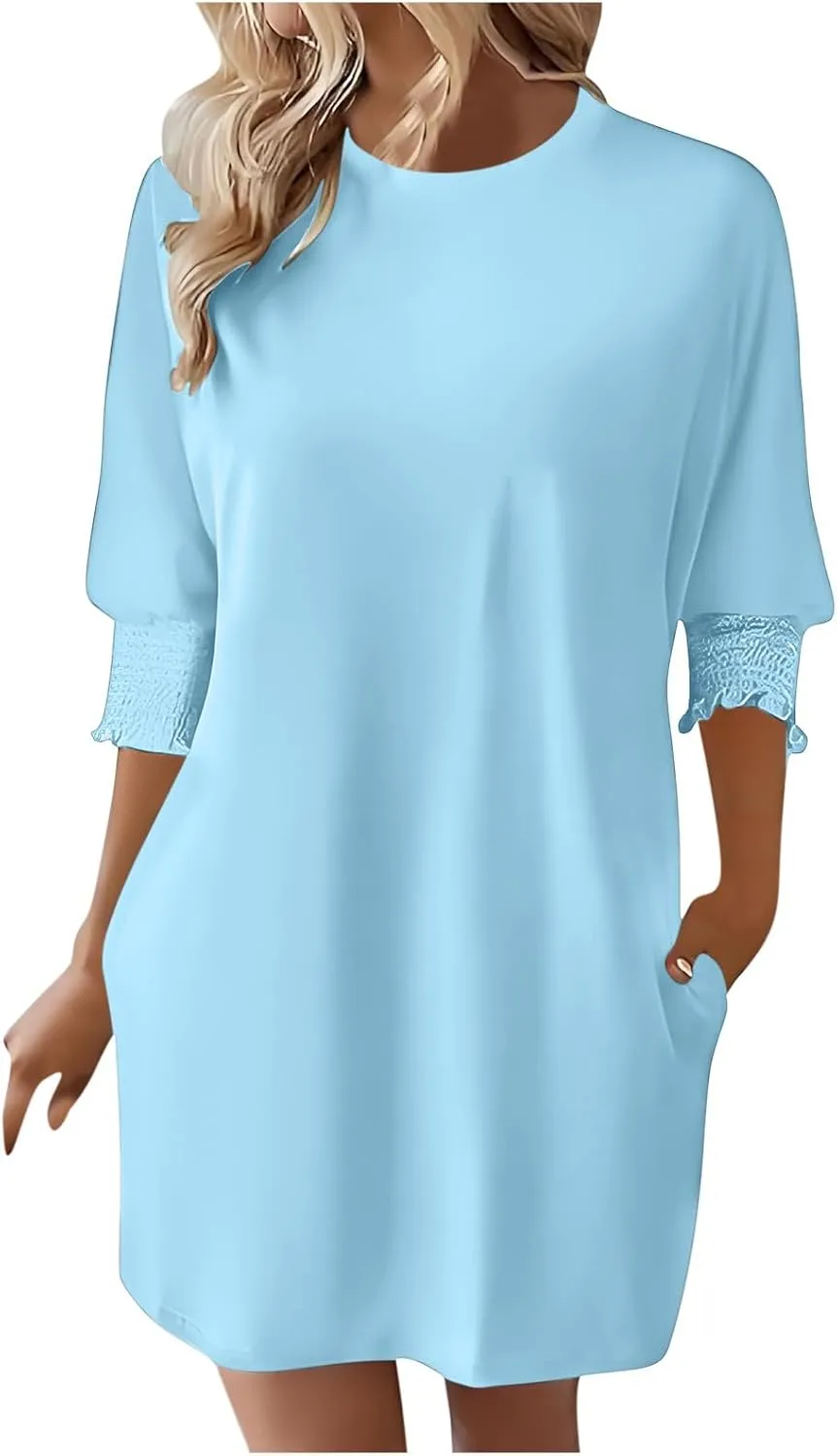 Womens Dresses 2025 Spring 3/4 Sleeve Fashion Dresses Crewneck Casual Mini Dress with Pockets Trendy Summer Outfits