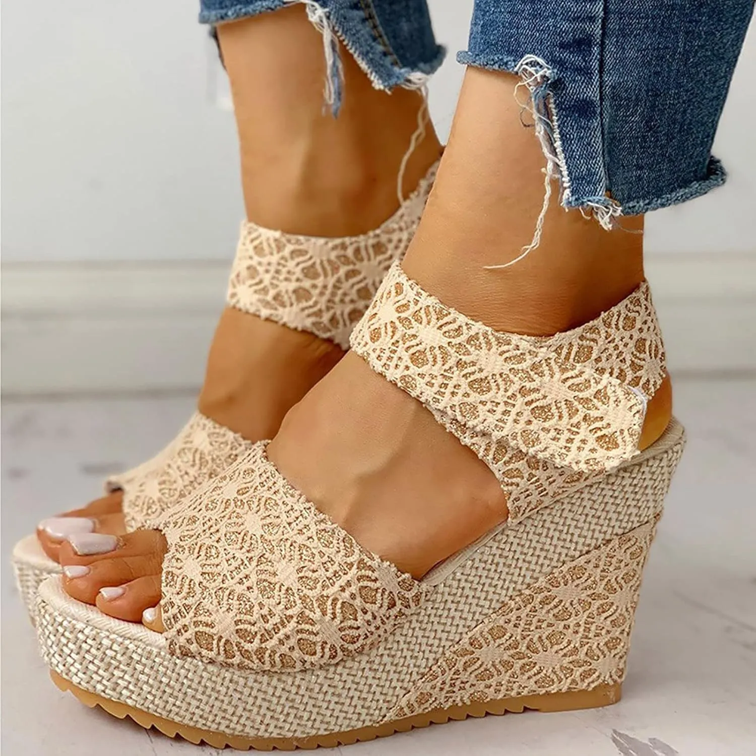 Womens Espadrilles Wedge Sandals Platform Heels Ankle Strap Open Toe Sandals, Fish Mouth Elegant Floral Classic Wedges Summer Platform Espadrille Comfortable Beach Dress Shoes