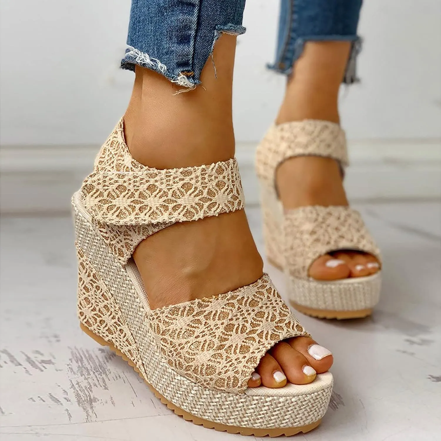 Womens Espadrilles Wedge Sandals Platform Heels Ankle Strap Open Toe Sandals, Fish Mouth Elegant Floral Classic Wedges Summer Platform Espadrille Comfortable Beach Dress Shoes