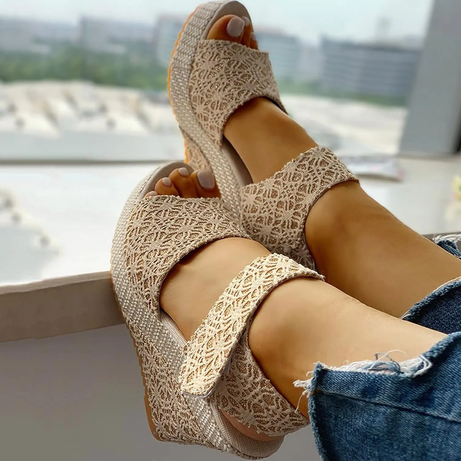 Womens Espadrilles Wedge Sandals Platform Heels Ankle Strap Open Toe Sandals, Fish Mouth Elegant Floral Classic Wedges Summer Platform Espadrille Comfortable Beach Dress Shoes