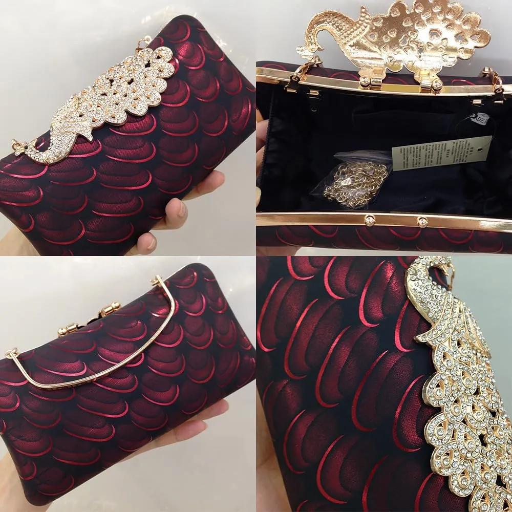 Women's Evening Handbags Peacock Print and Closure Women's Clutch Handbags Ladies Purses for Bridal Wedding Party Burgundy