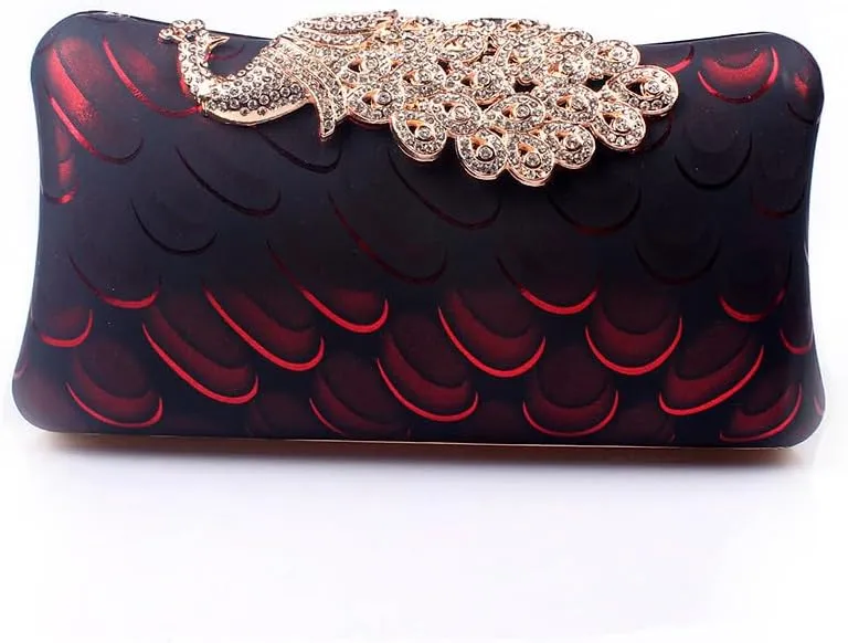 Women's Evening Handbags Peacock Print and Closure Women's Clutch Handbags Ladies Purses for Bridal Wedding Party Burgundy