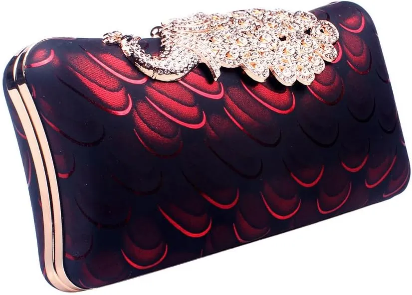 Women's Evening Handbags Peacock Print and Closure Women's Clutch Handbags Ladies Purses for Bridal Wedding Party Burgundy