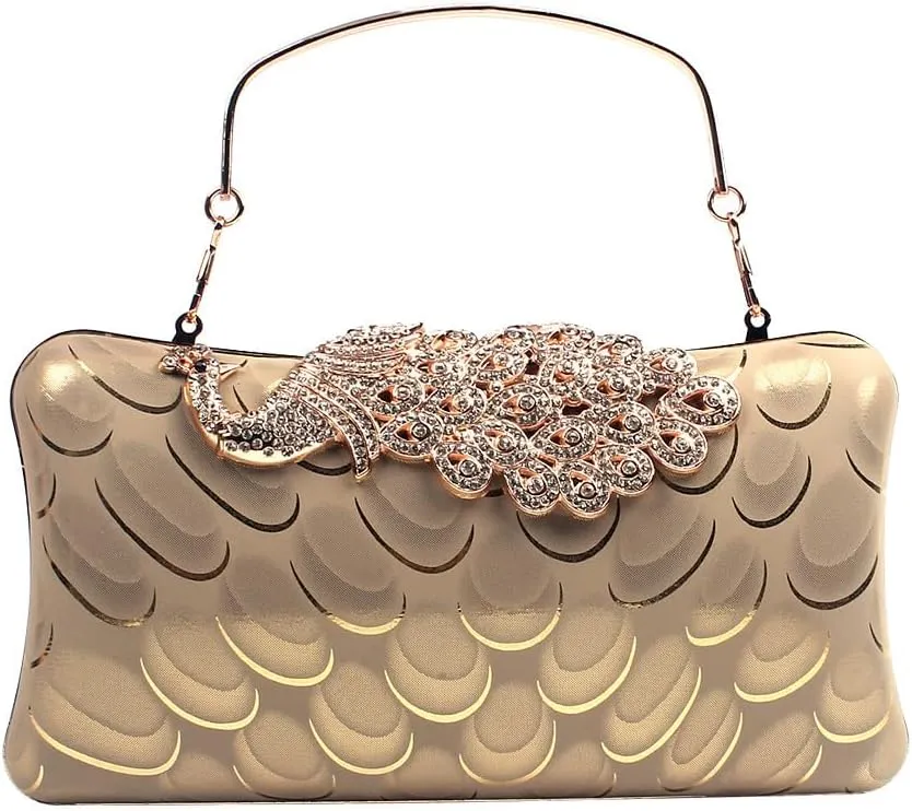 Women's Evening Handbags Peacock Print and Closure Women's Clutch Handbags Ladies Purses for Bridal Wedding Party Gold