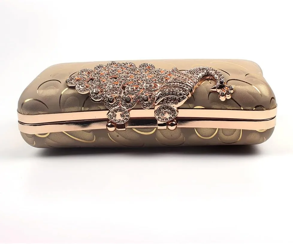 Women's Evening Handbags Peacock Print and Closure Women's Clutch Handbags Ladies Purses for Bridal Wedding Party Gold