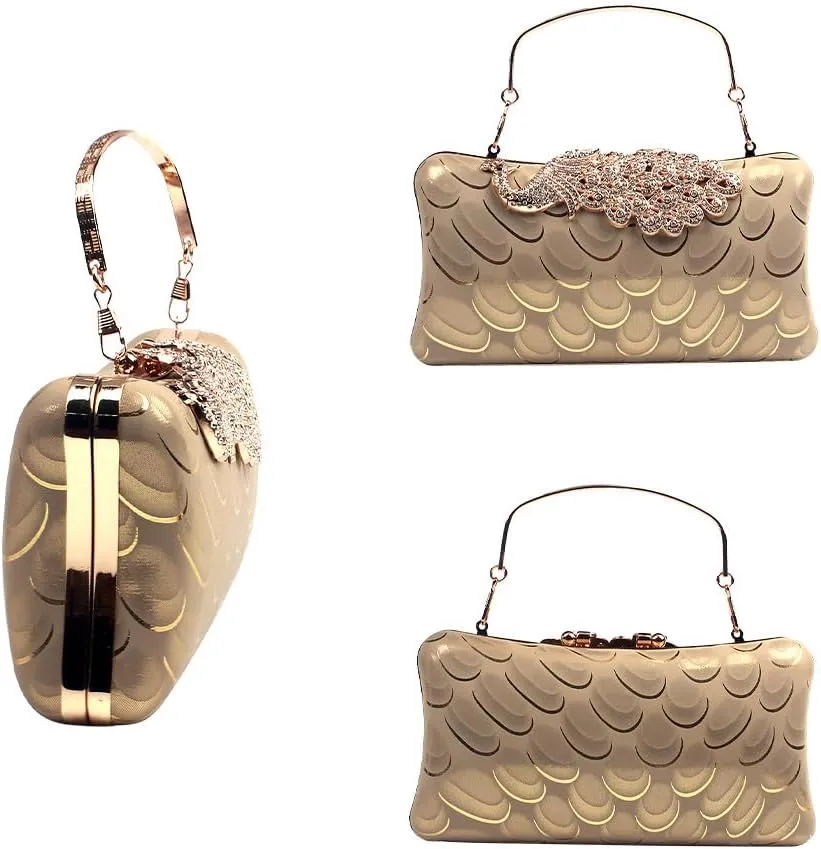 Women's Evening Handbags Peacock Print and Closure Women's Clutch Handbags Ladies Purses for Bridal Wedding Party Gold