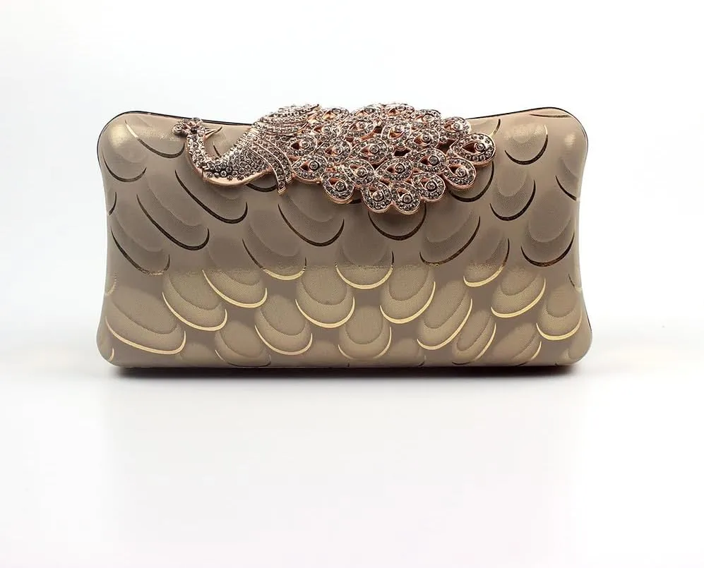 Women's Evening Handbags Peacock Print and Closure Women's Clutch Handbags Ladies Purses for Bridal Wedding Party Gold