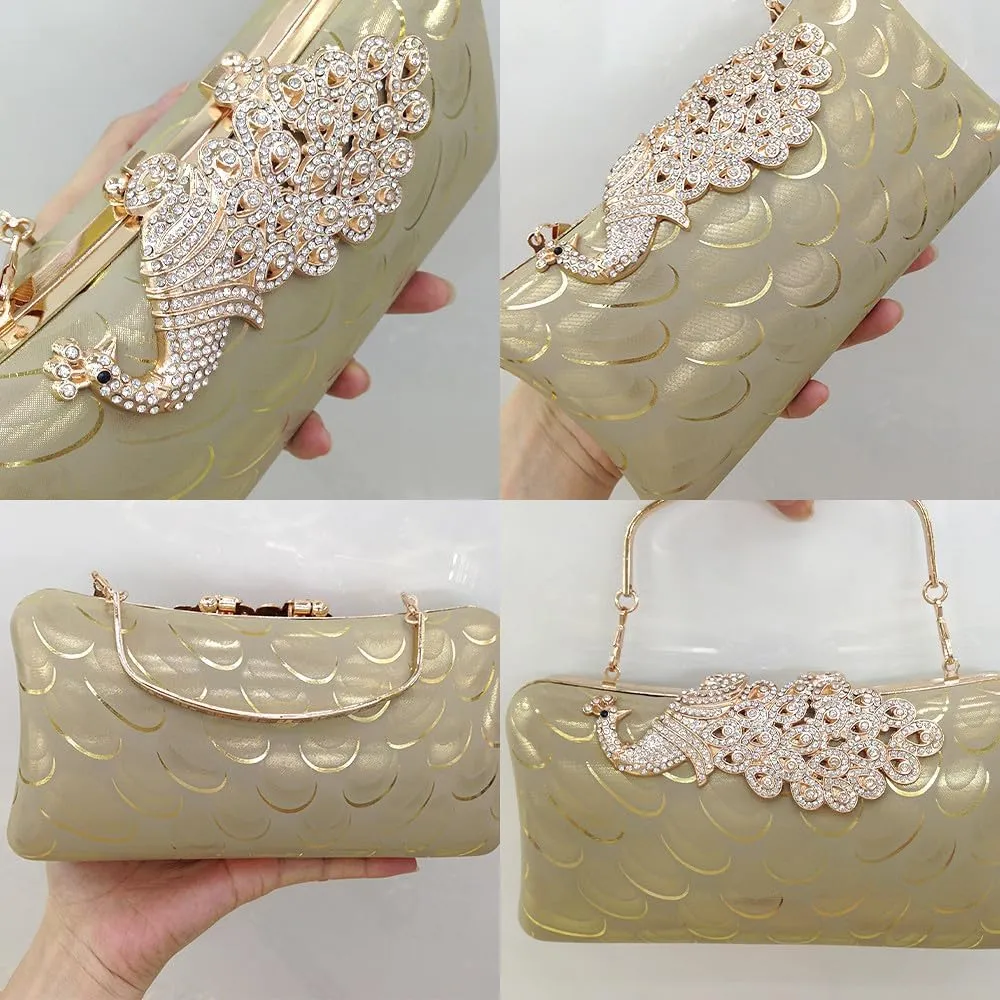 Women's Evening Handbags Peacock Print and Closure Women's Clutch Handbags Ladies Purses for Bridal Wedding Party Gold