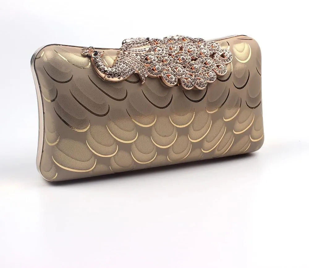 Women's Evening Handbags Peacock Print and Closure Women's Clutch Handbags Ladies Purses for Bridal Wedding Party Gold