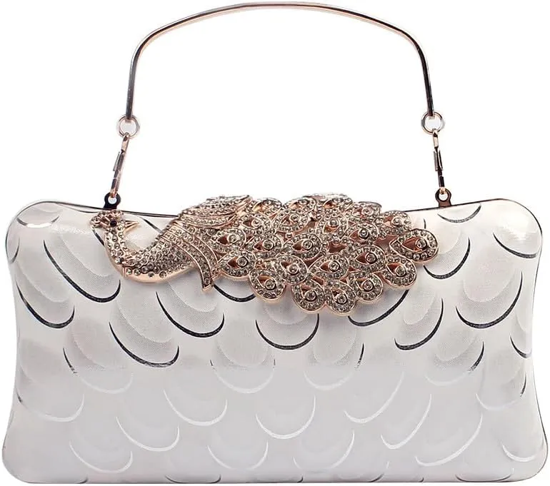 Women's Evening Handbags Peacock Print and Closure Women's Clutch Handbags Ladies Purses for Bridal Wedding Party White