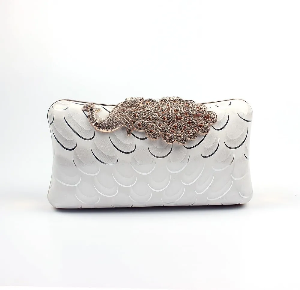 Women's Evening Handbags Peacock Print and Closure Women's Clutch Handbags Ladies Purses for Bridal Wedding Party White