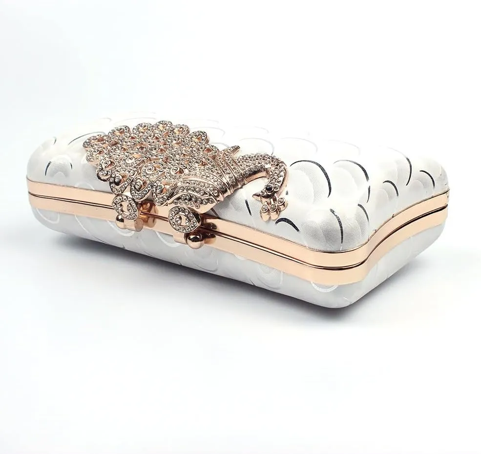 Women's Evening Handbags Peacock Print and Closure Women's Clutch Handbags Ladies Purses for Bridal Wedding Party White
