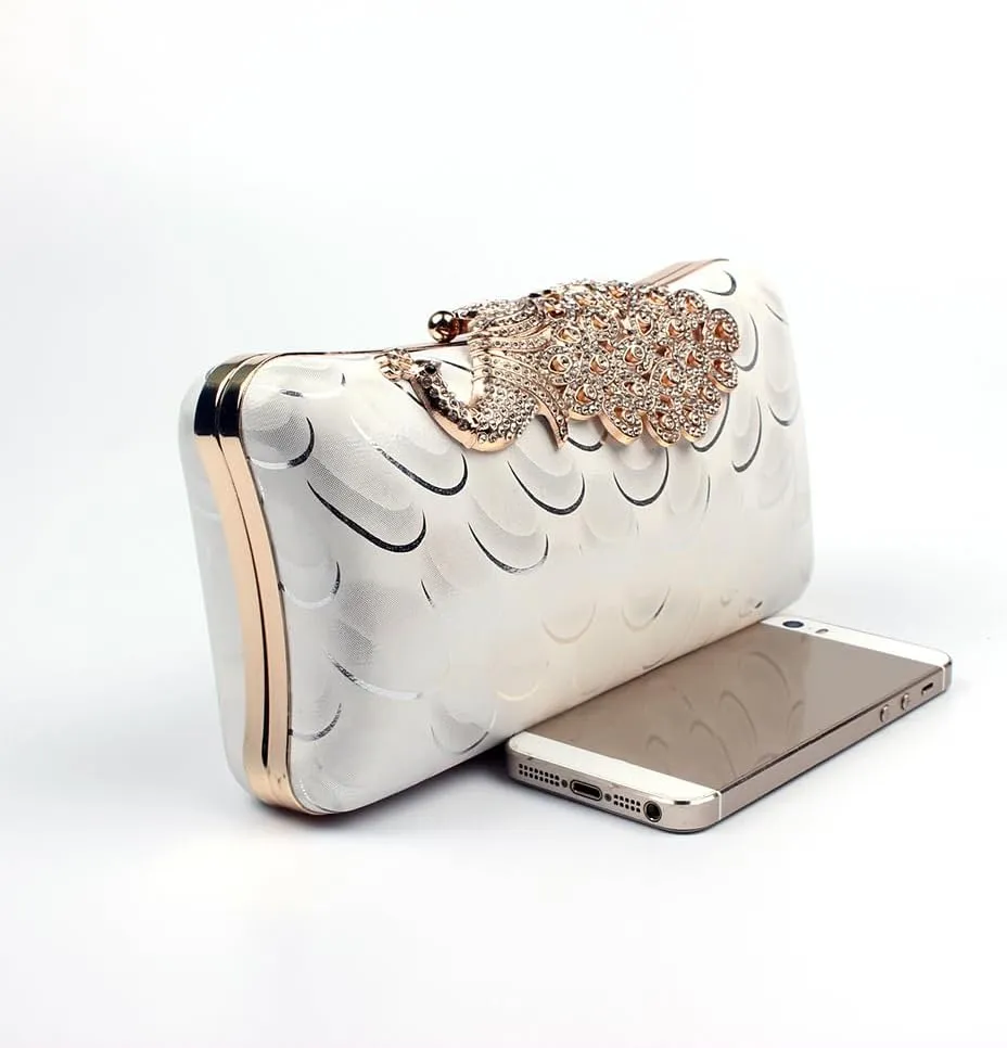 Women's Evening Handbags Peacock Print and Closure Women's Clutch Handbags Ladies Purses for Bridal Wedding Party White