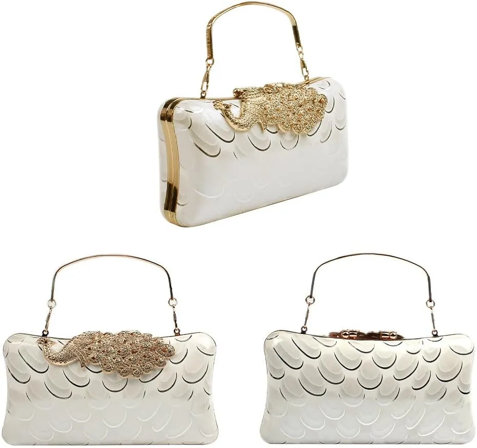 Women's Evening Handbags Peacock Print and Closure Women's Clutch Handbags Ladies Purses for Bridal Wedding Party White
