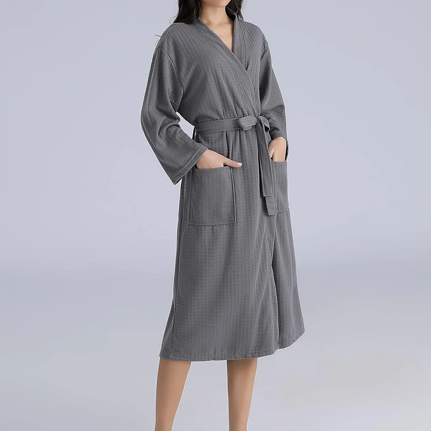 Women's Fall Winter Warm Bathrobe V Neck Robe Soft Belted Pajama Solid Color Nightwear Knee Length Spa Nightgown