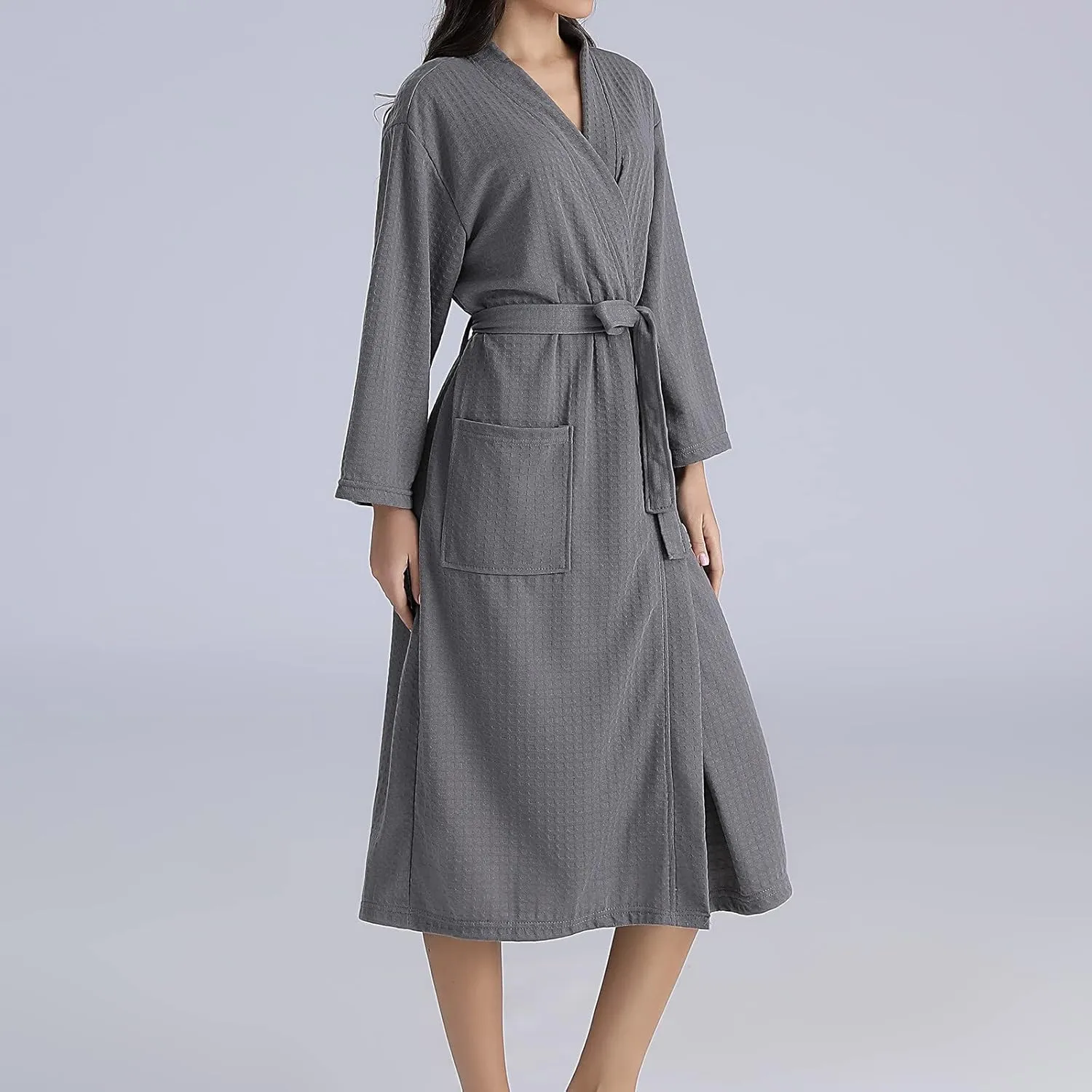 Women's Fall Winter Warm Bathrobe V Neck Robe Soft Belted Pajama Solid Color Nightwear Knee Length Spa Nightgown