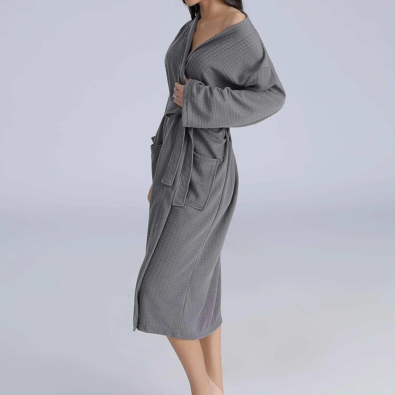 Women's Fall Winter Warm Bathrobe V Neck Robe Soft Belted Pajama Solid Color Nightwear Knee Length Spa Nightgown