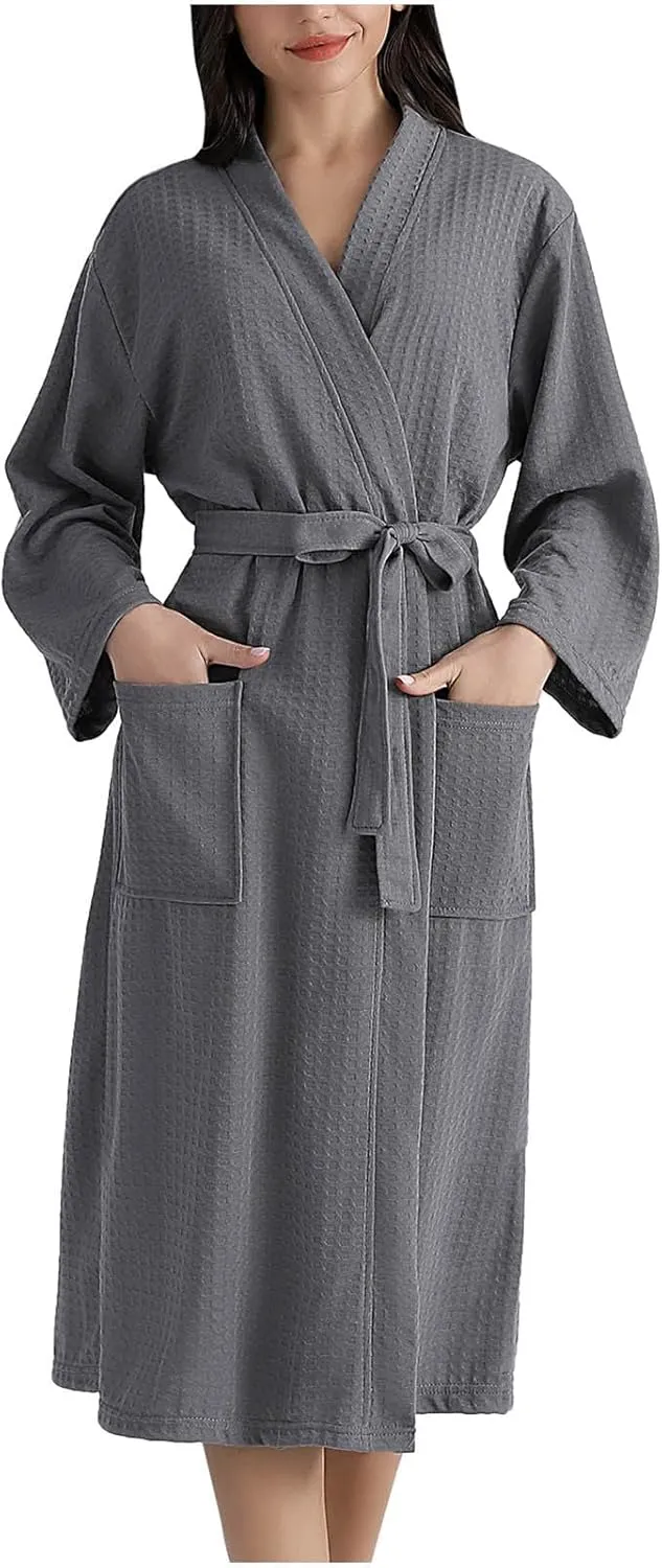 Women's Fall Winter Warm Bathrobe V Neck Robe Soft Belted Pajama Solid Color Nightwear Knee Length Spa Nightgown