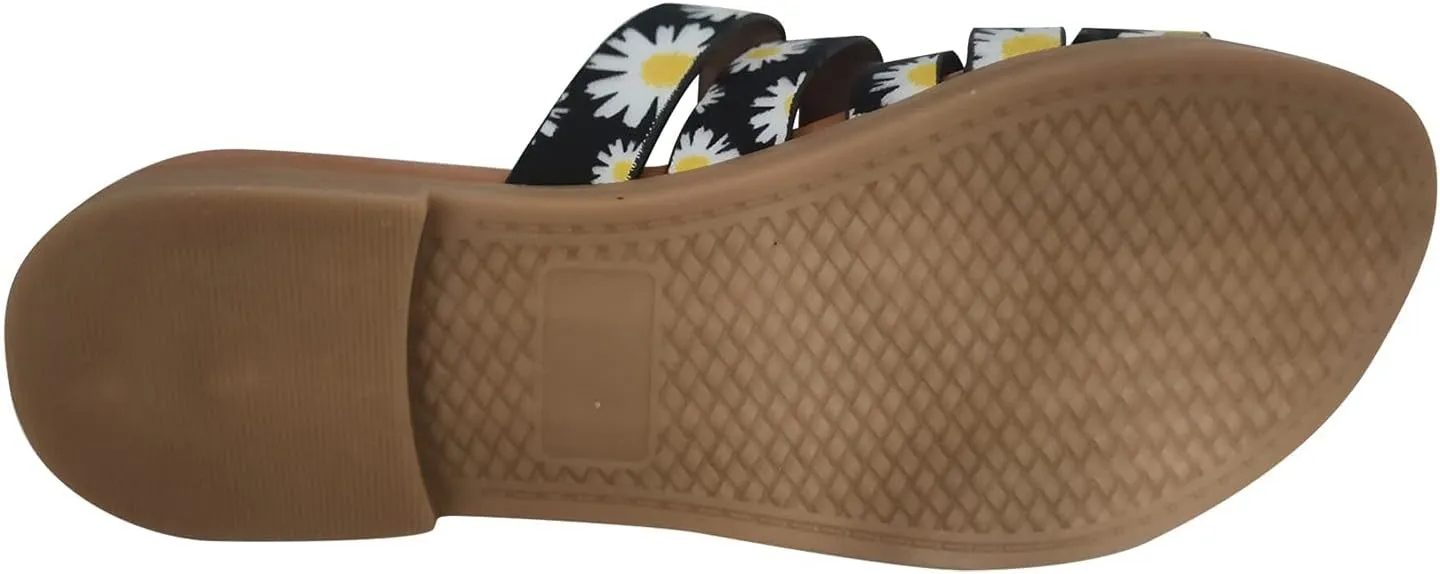 Womens Flat Sandals Gladiator Slip On Flats Sunflower Open Toe Slide Sandals, Casual Beach Boho Dress Shoes Ankle Strap Non Slip Walking Slippers All Day Comfort