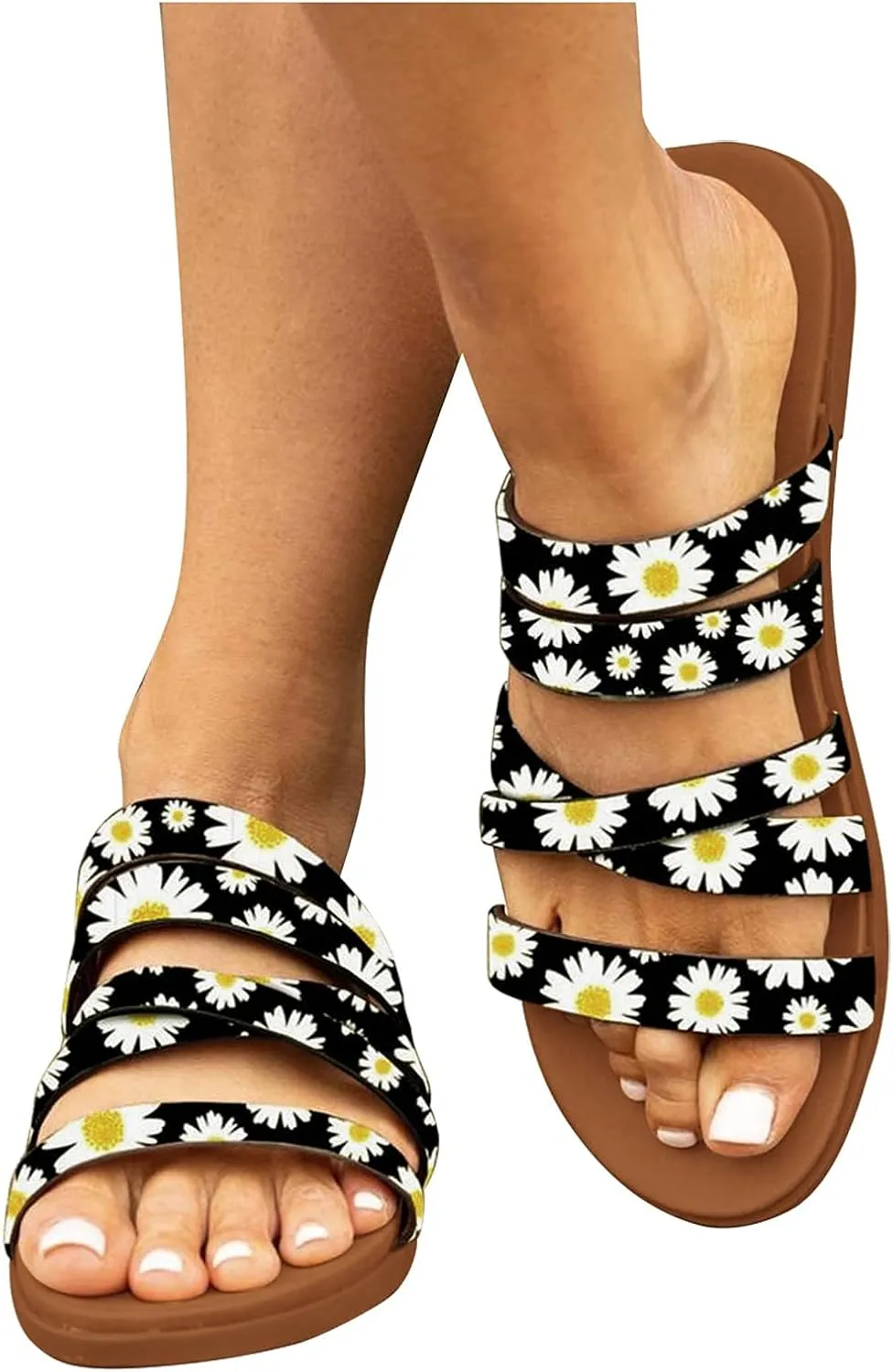 Womens Flat Sandals Gladiator Slip On Flats Sunflower Open Toe Slide Sandals, Casual Beach Boho Dress Shoes Ankle Strap Non Slip Walking Slippers All Day Comfort