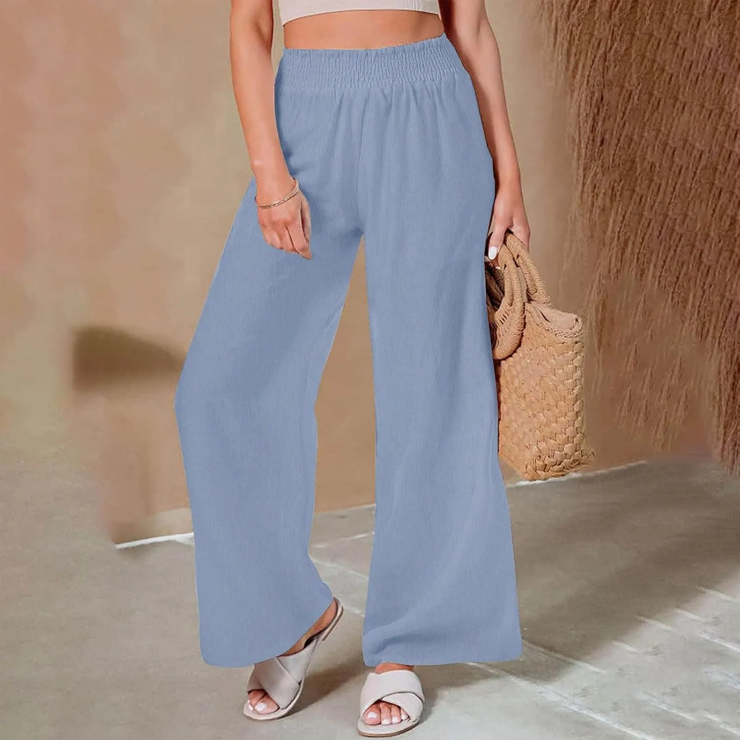 Women's Flowy Wide Leg Boho Yoga Pants, High Elastic Waist Baggy Solid Casual Trouser, Summer Fashion Work Pant
