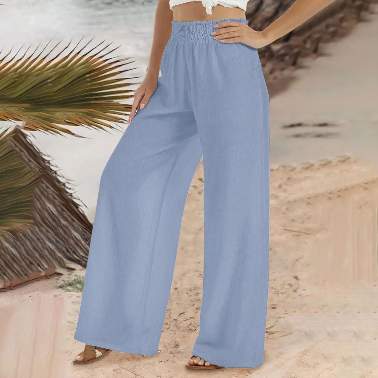 Women's Flowy Wide Leg Boho Yoga Pants, High Elastic Waist Baggy Solid Casual Trouser, Summer Fashion Work Pant