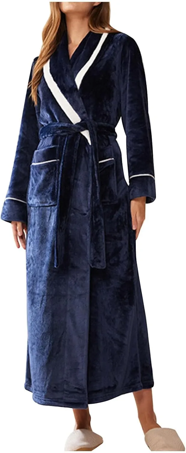 Women's Full Length Pajama, Thickened Plush Bathrobe Fall Winter for Women Bath Robes Belted Spa Nightwear Pockets
