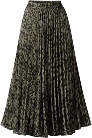 Women's High Elastic Waist Leopard Print A-line Pleated Flowy Swing Midi Skirts