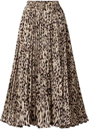 Women's High Elastic Waist Leopard Print A-line Pleated Flowy Swing Midi Skirts