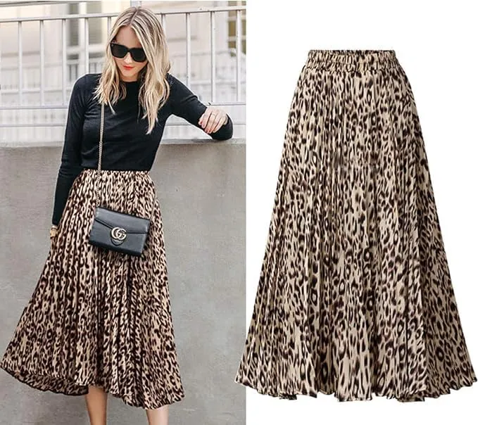 Women's High Elastic Waist Leopard Print A-line Pleated Flowy Swing Midi Skirts