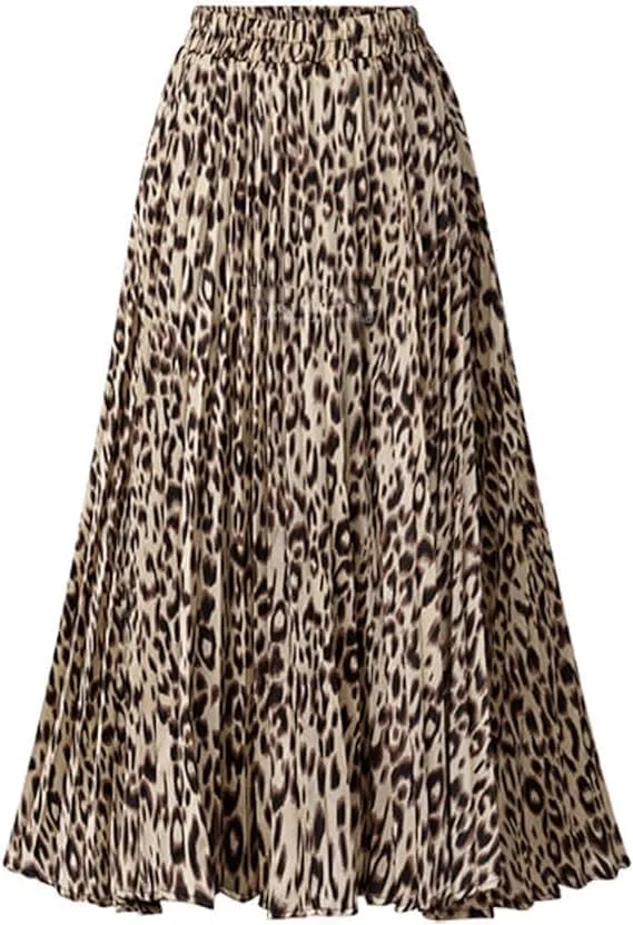 Women's High Elastic Waist Leopard Print A-line Pleated Flowy Swing Midi Skirts