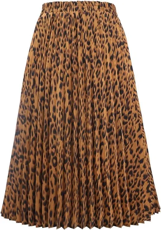 Women's High Elastic Waist Leopard Print A-line Pleated Flowy Swing Midi Skirts