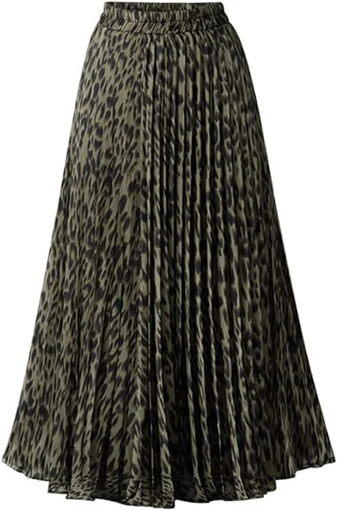 Women's High Elastic Waist Leopard Print A-line Pleated Flowy Swing Midi Skirts