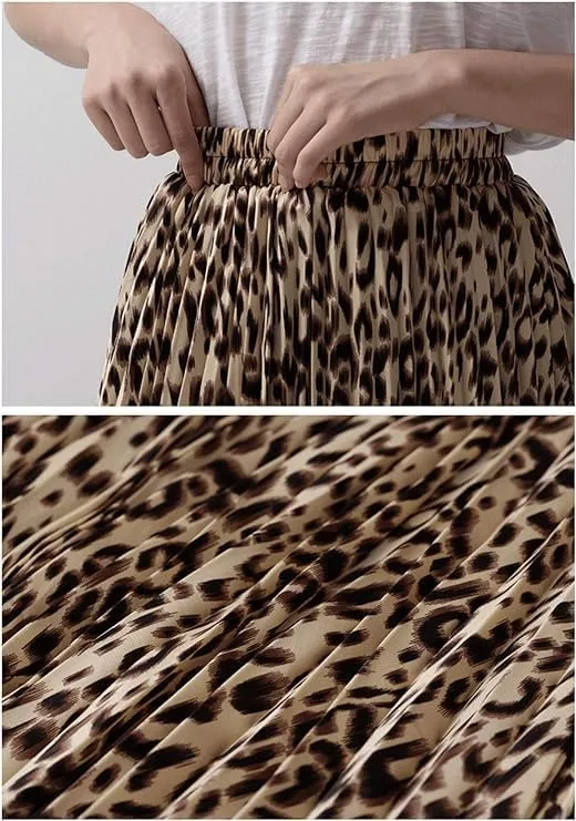 Women's High Elastic Waist Leopard Print A-line Pleated Flowy Swing Midi Skirts