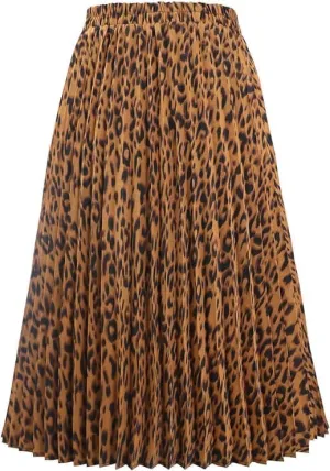 Women's High Elastic Waist Leopard Print A-line Pleated Flowy Swing Midi Skirts