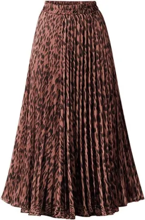 Women's High Elastic Waist Leopard Print A-line Pleated Flowy Swing Midi Skirts