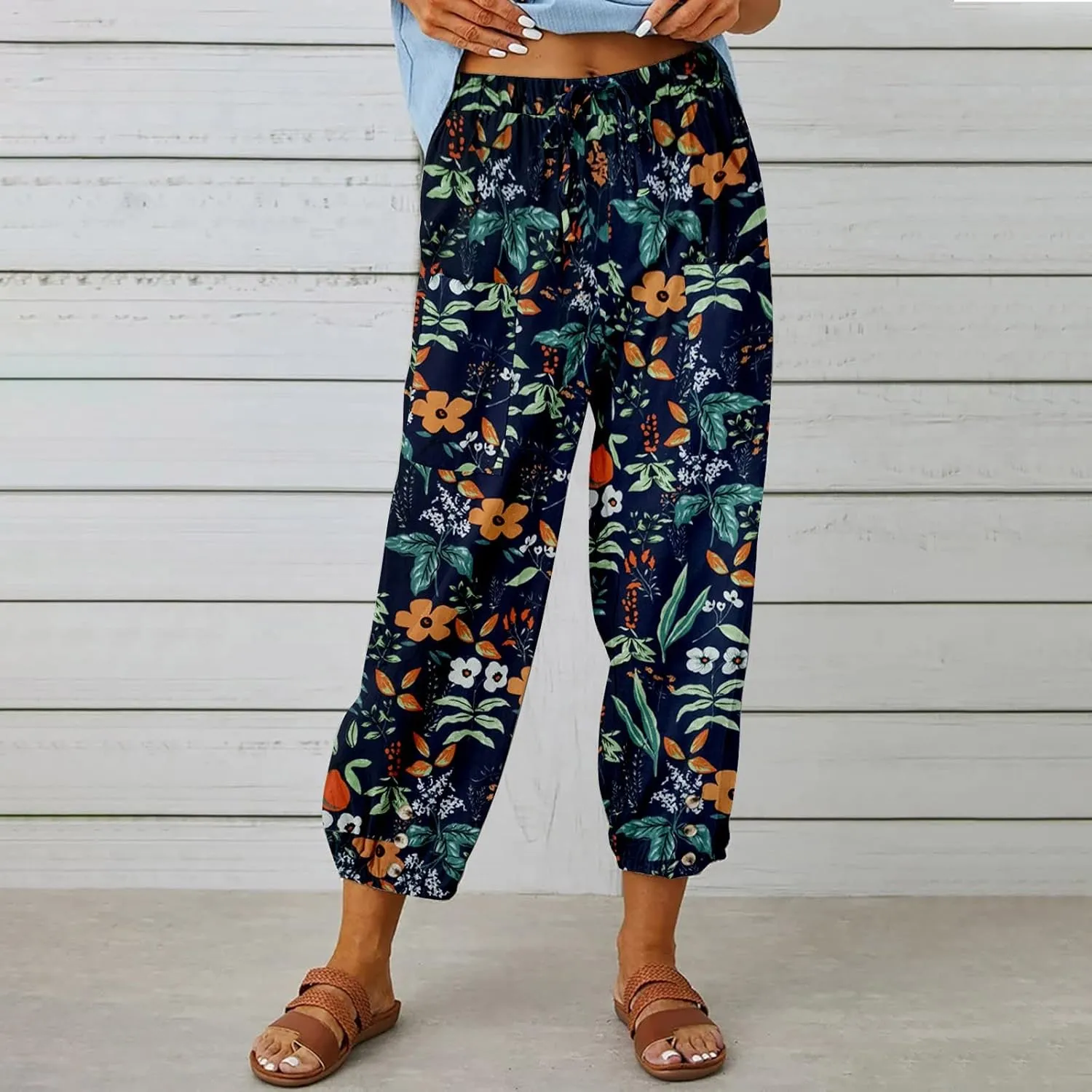 Women's High Waist Capri Pants Wide Leg Summer Beach Boho Cropped Pant Printing Drawstring Elastic Waist Casual Pant