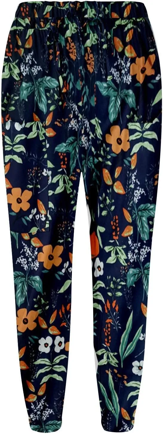Women's High Waist Capri Pants Wide Leg Summer Beach Boho Cropped Pant Printing Drawstring Elastic Waist Casual Pant