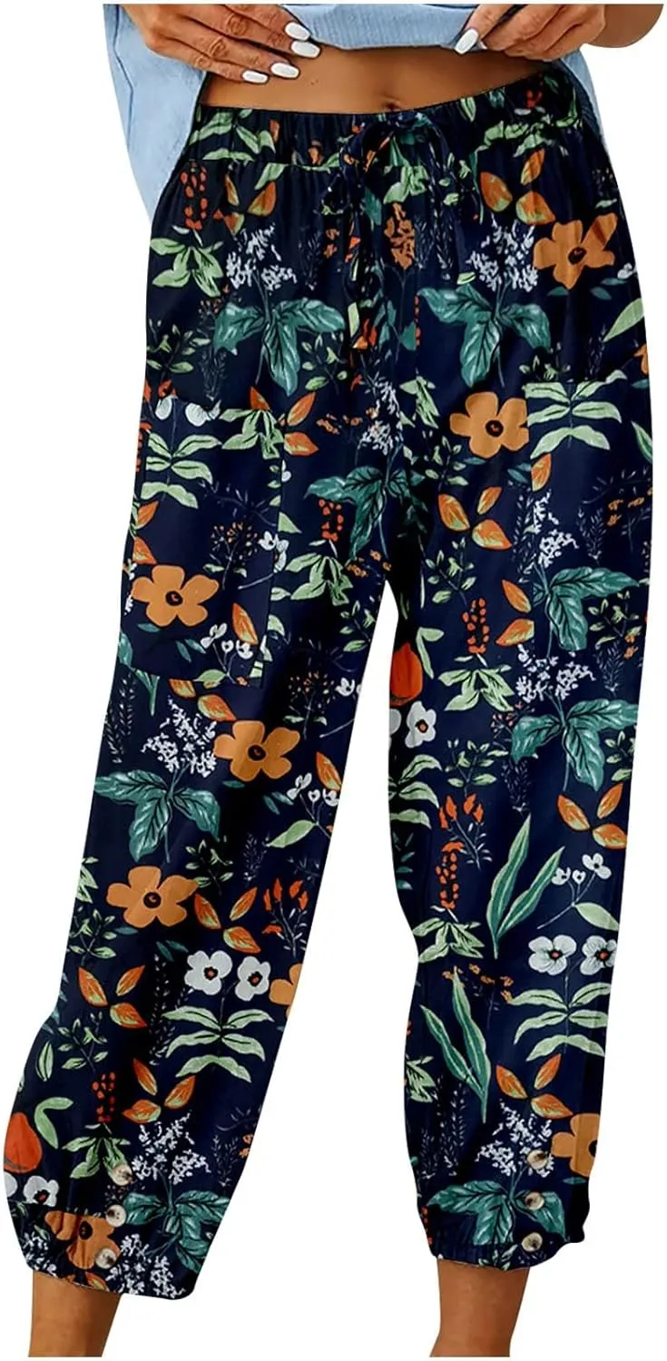 Women's High Waist Capri Pants Wide Leg Summer Beach Boho Cropped Pant Printing Drawstring Elastic Waist Casual Pant