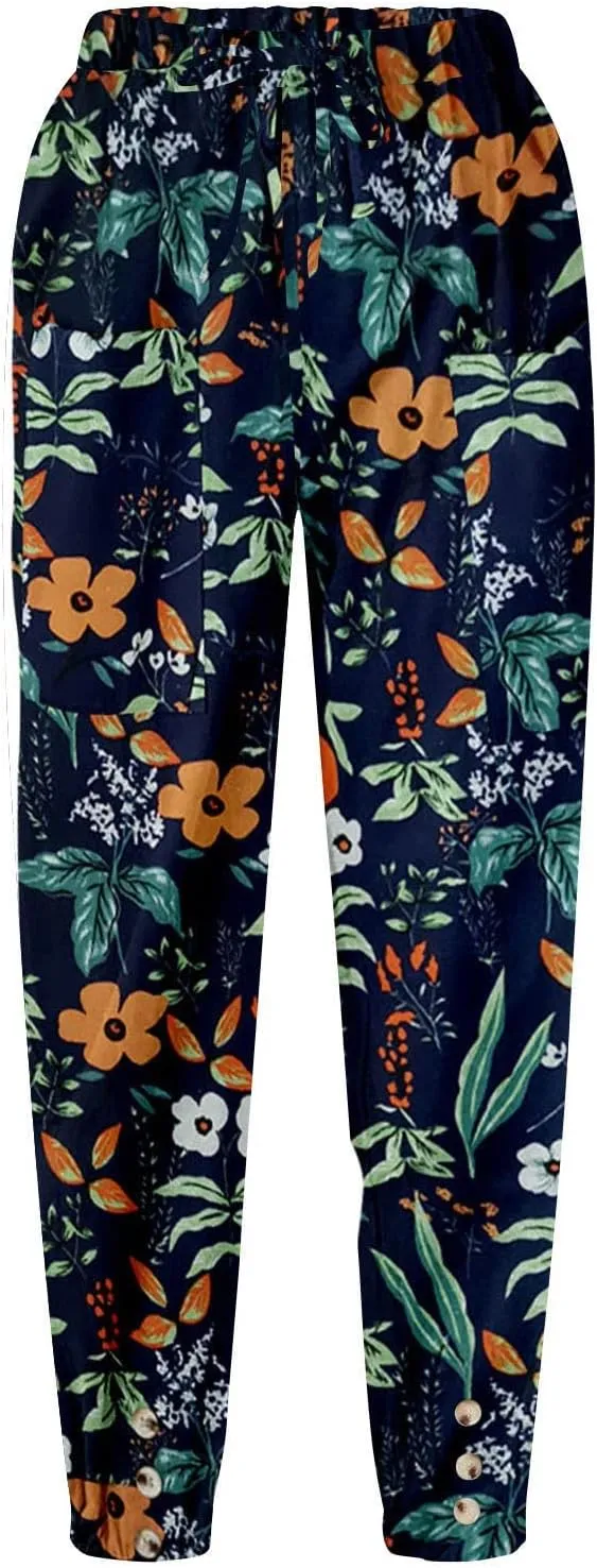 Women's High Waist Capri Pants Wide Leg Summer Beach Boho Cropped Pant Printing Drawstring Elastic Waist Casual Pant
